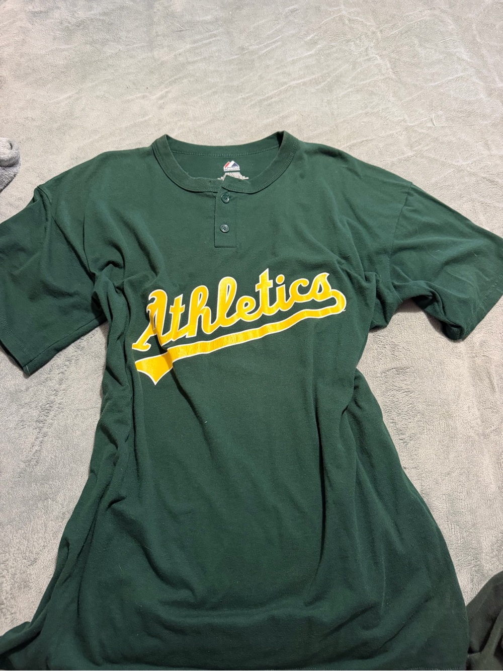Majestic Dark Green Kids Button Henley with Yellow Athletics Script